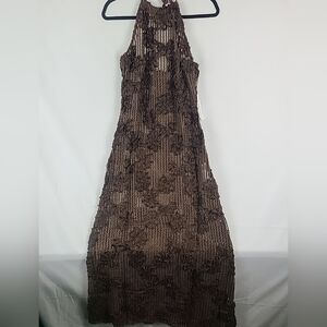 Amy Lynn Cici Halter-Neck Bronze Brown Floral Crochet Maxi Dress Sz UK 12, US 8